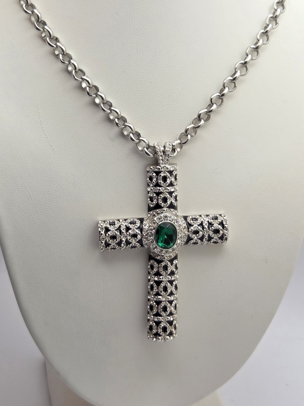 PJM Statement Cross Pendant Necklace Silver Tone Emerald Green Stone Rhinestone